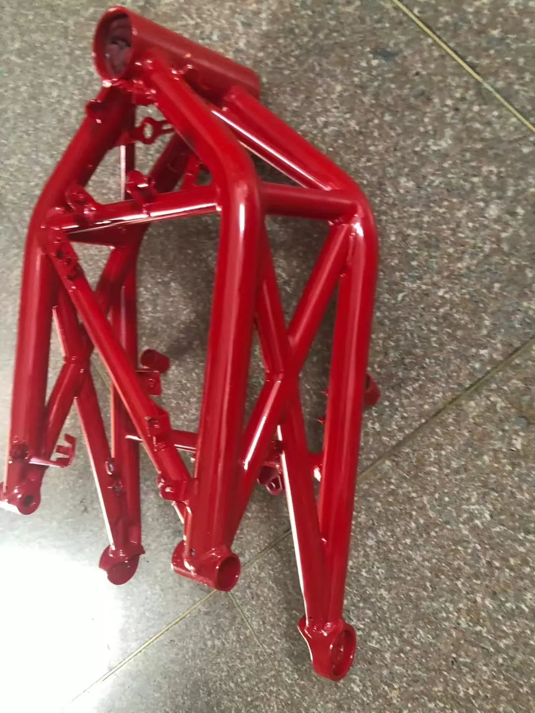Ducati Monster 696 frame, front close-up showing steering head and upper frame tubes, inspected used part