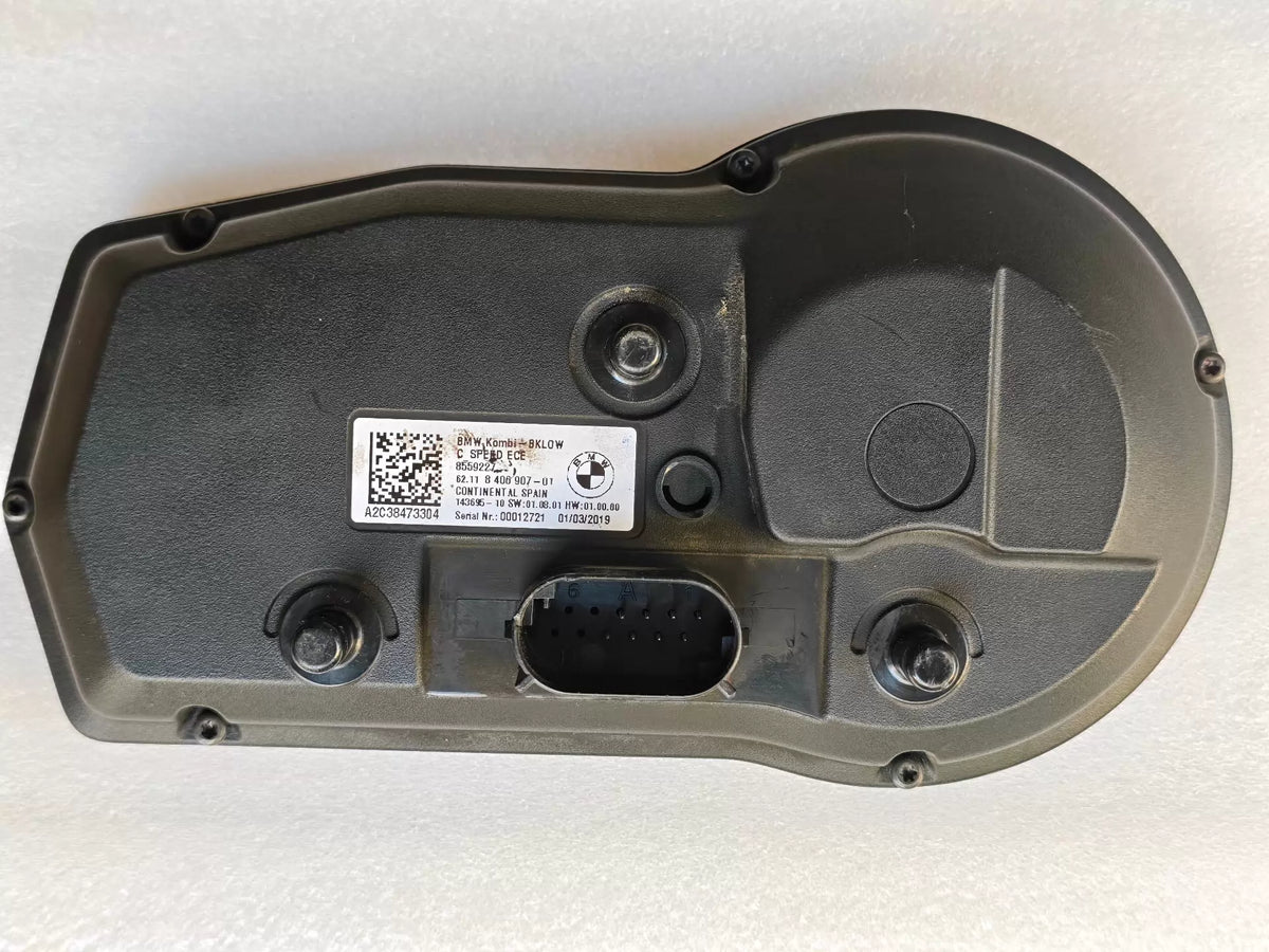 BMW C 400 GT instrument cluster, rear view showing mounting tabs and wiring harness plug detail