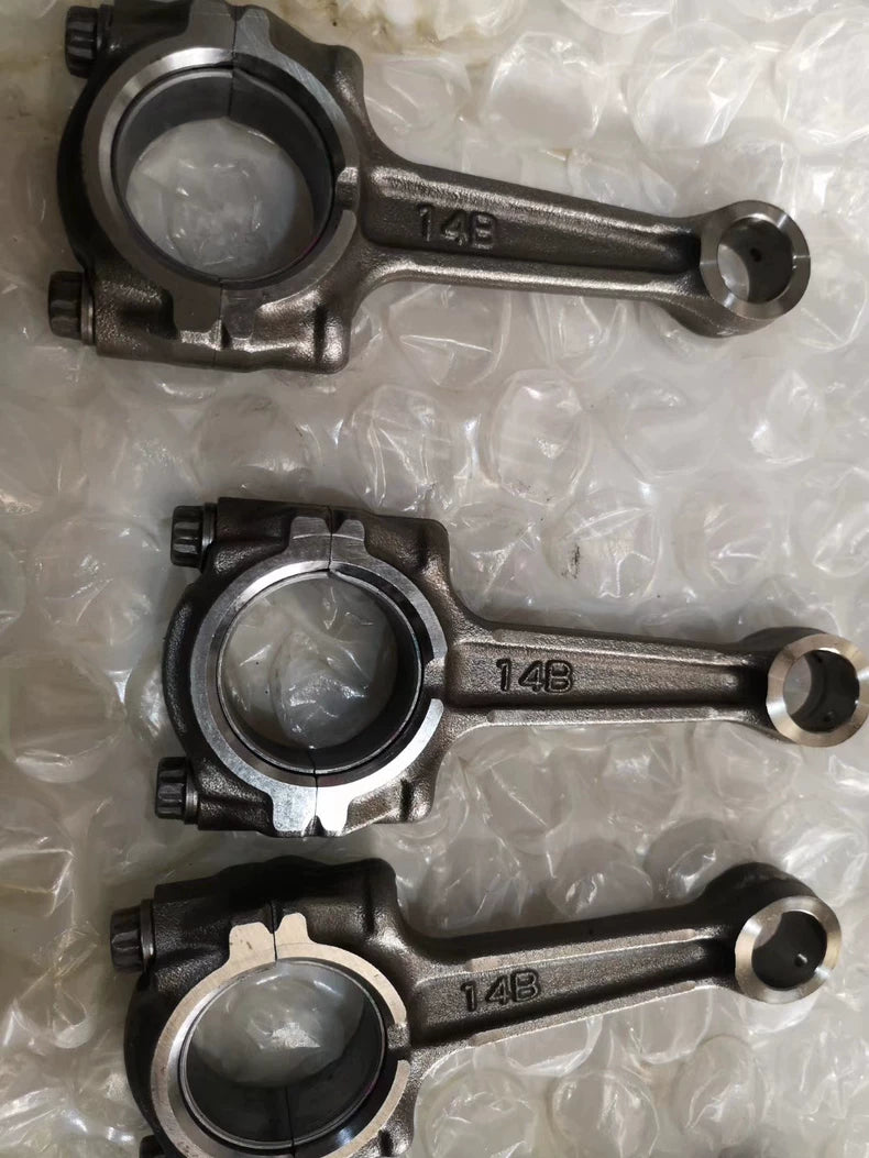 Three YZF-R1 connecting rods marked 14B on bubble wrap, big-end and small-end bores visible
