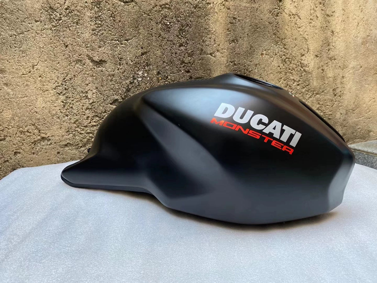 Ducati Monster 821 OEM fuel tank repainted red, close-up detail showing paint quality and finish