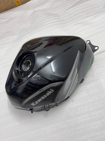 Kawasaki Ninja 400 fuel tank front three-quarter view showing cap and mounting points, good condition