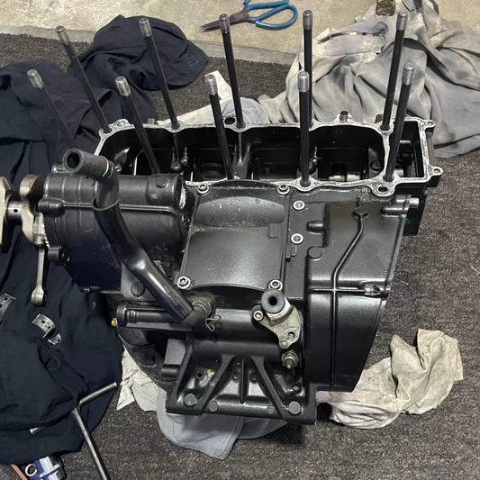 Yamaha YZF-R1 04-08 engine crankcase block, front 3/4 view showing left & right casing halves, used condition