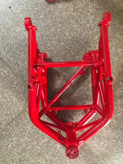 Ducati Monster 696 frame, right side angle view showing main tube structure and engine mounts, used condition