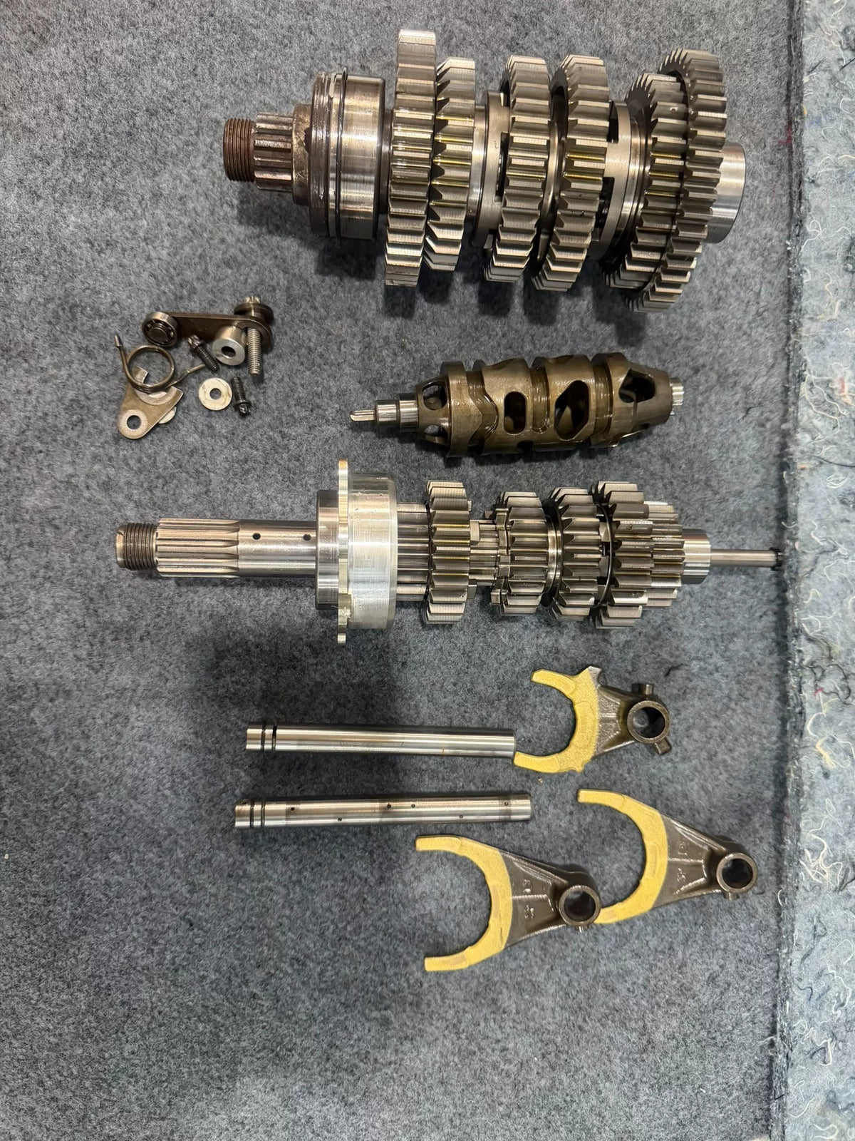 BMW S1000RR transmission front angle view showing gear cluster and shaft detail