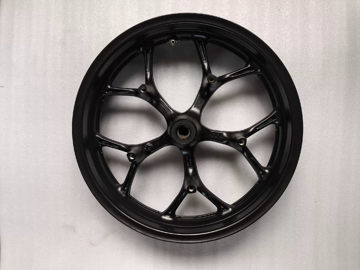 Black front wheel Honda NC750X straight-on front face view showing full spoke layout