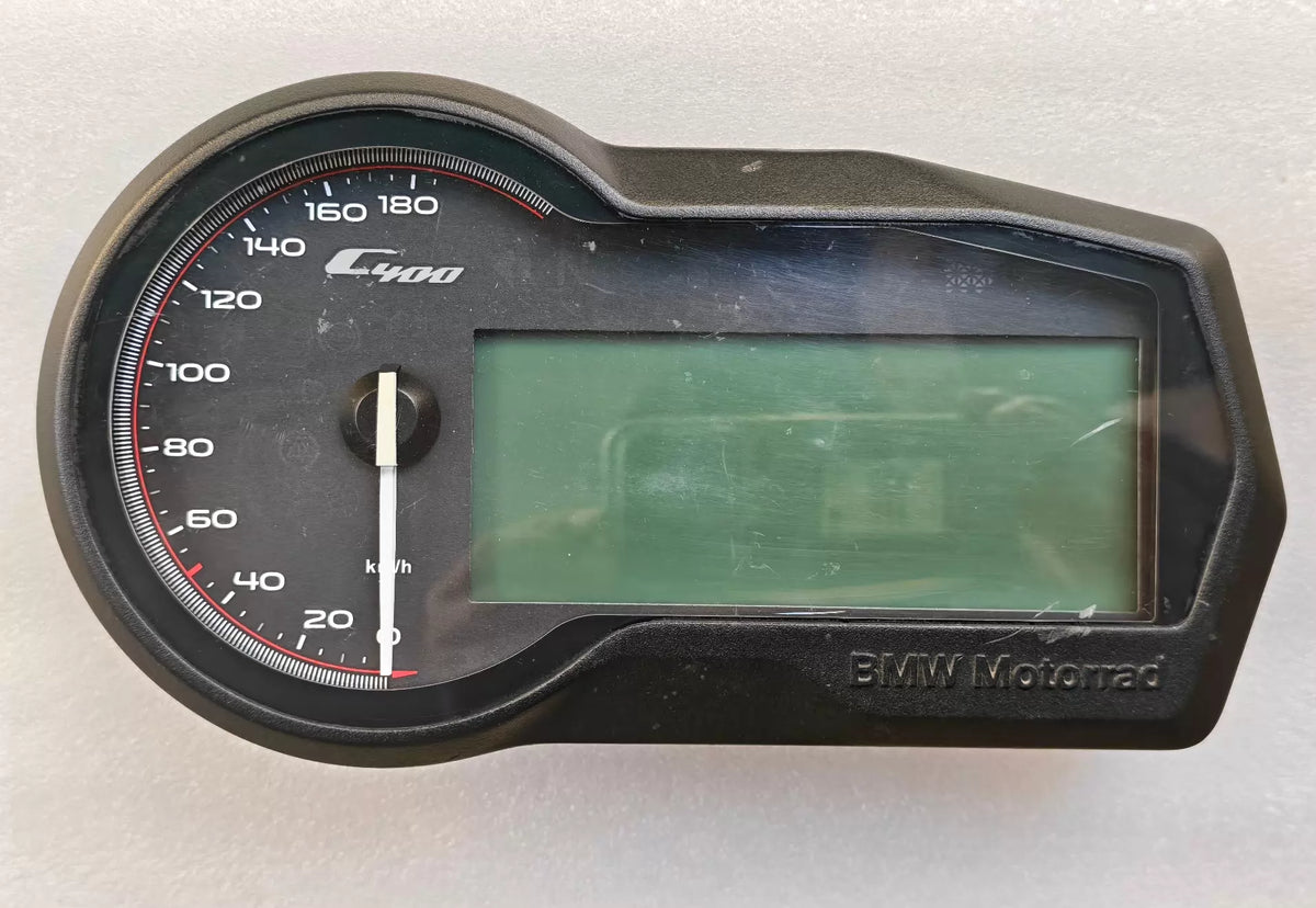 BMW C 400 GT instrument cluster, angled view showing housing and connector ports, no cracks visible