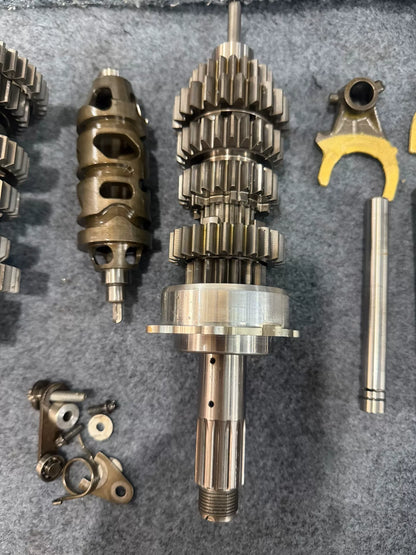 BMW S1000RR gearbox side profile revealing internal gear teeth and layshaft assembly