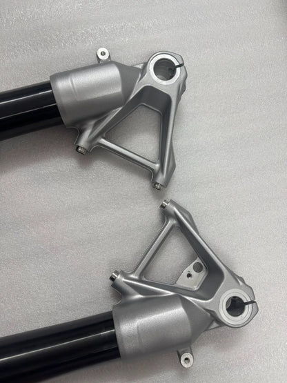 BMW R1200GS fork rod pair side profile, showing full straight tube length and chrome finish