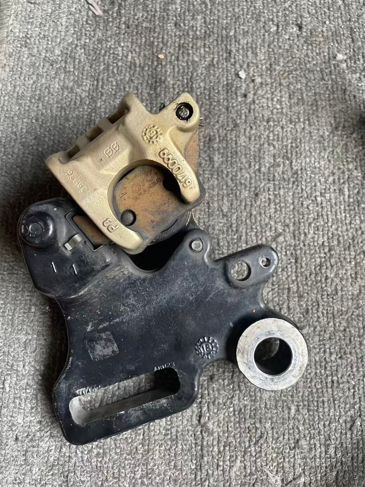 BMW G 310 R brake caliper close-up of piston face and dust seals, wear visible