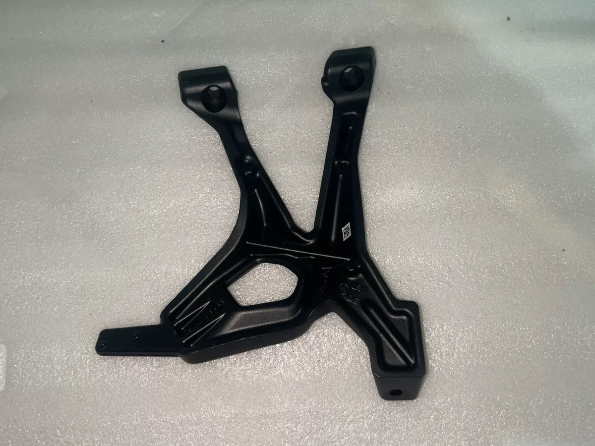 BMW S1000XR footpeg bracket, rear view displaying bracket arms and pivot bolt hardware detail