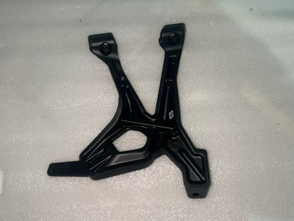 BMW S1000XR footpeg bracket, rear view displaying bracket arms and pivot bolt hardware detail