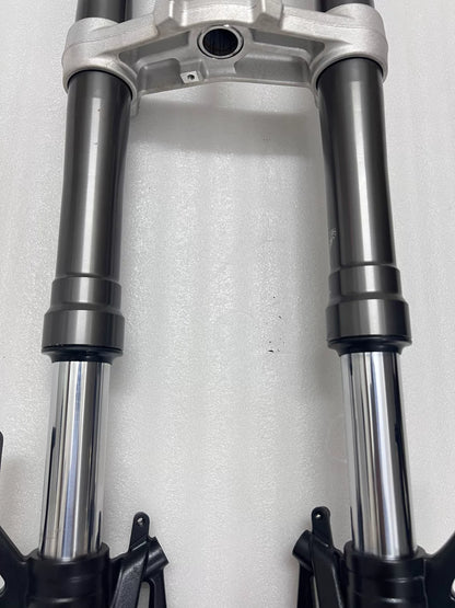 Complete front fork with triple clamps removed from bike, Ninja 1000SX, angled side view