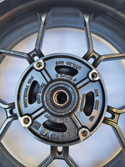 Honda CBR650R rear wheel, angled view showing hub and brake disc mount
