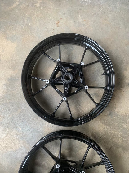 BMW S1000RR wheel set front wheel straight-on face view showing hub center and spoke detail