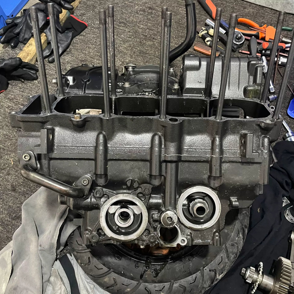 Yamaha YZF-R1 04-08 engine casing bottom view showing oil sump area, drain boss and lower crank bearing seats