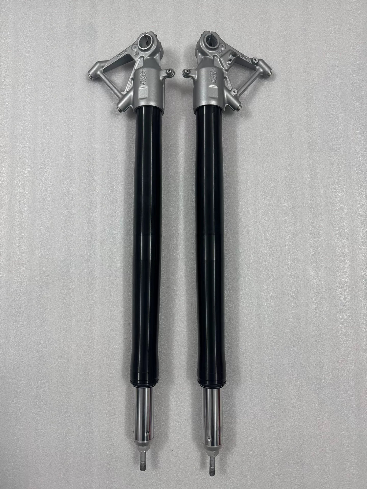 BMW R1200GS fork rod pair, angled view showing both rods parallel, smooth straight shafts