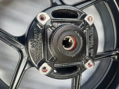 Rear wheel assembly gloss black Kawasaki Z800, rear-facing view showing brake rotor mounting flange