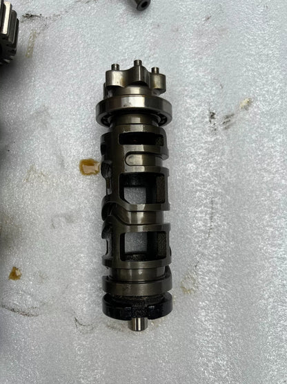 Z900RS gearbox top-down view revealing shift drum, gear clusters and bearing seats in clean condition