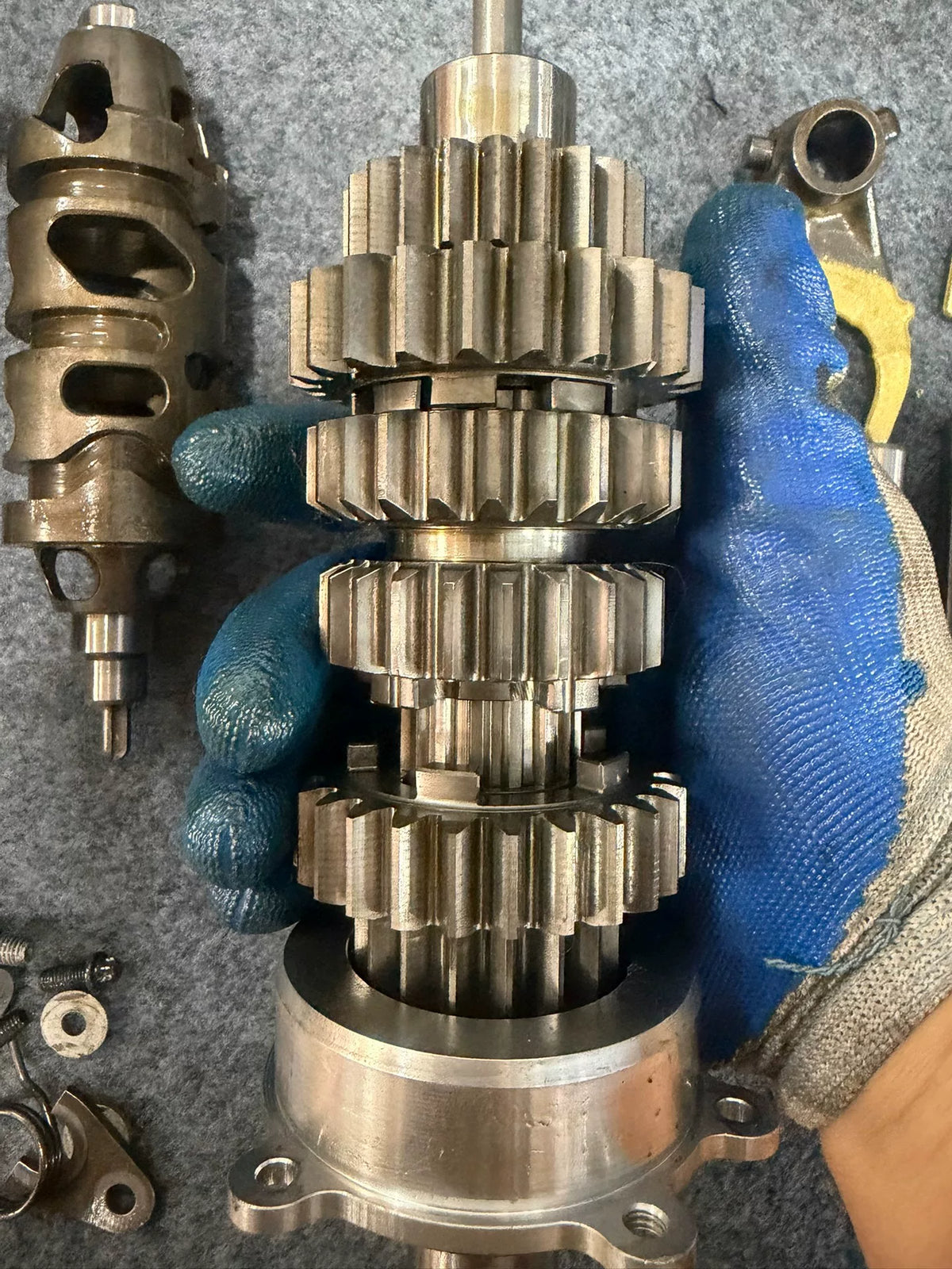 BMW S1000RR transmission top-down view showing complete gear stack and casing