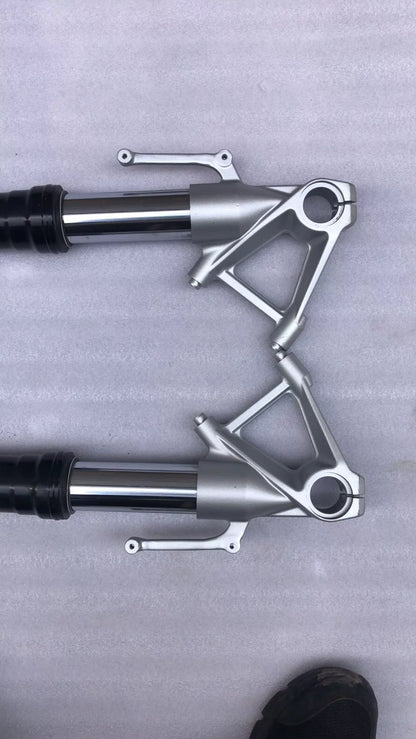 BMW S1000R fork leg pair overhead flat-lay showing matched left and right legs side by side