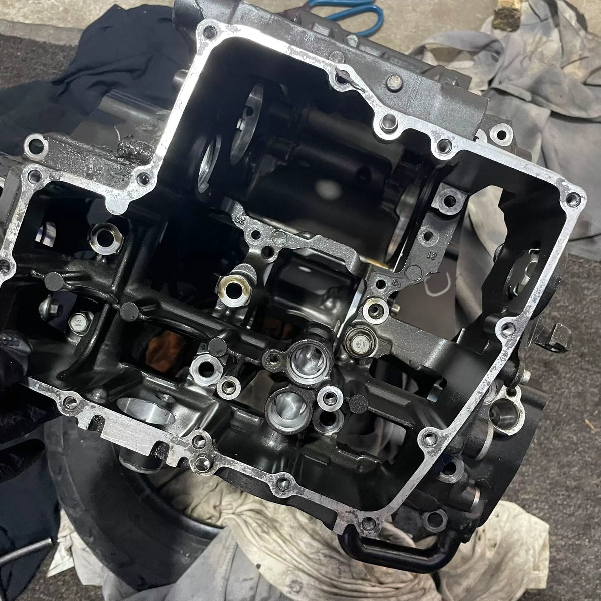Yamaha YZF-R1 04-08 crankcase rear view showing transmission output and gasket sealing surfaces, used condition