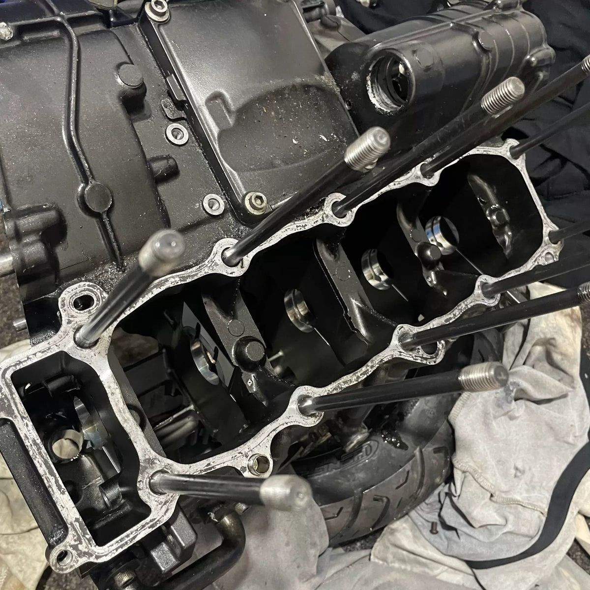 Yamaha YZF-R1 04-08 crankcase assembly top view showing cylinder base mating surface and internal webbing detail
