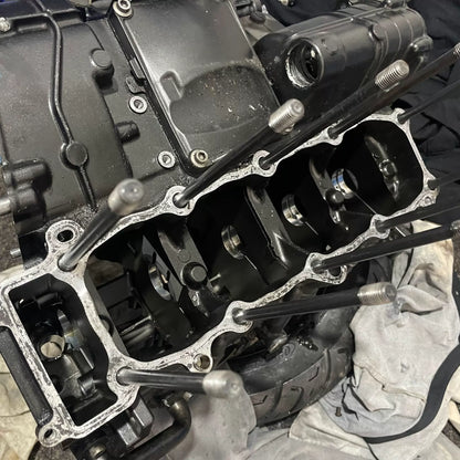 Yamaha YZF-R1 04-08 crankcase assembly top view showing cylinder base mating surface and internal webbing detail
