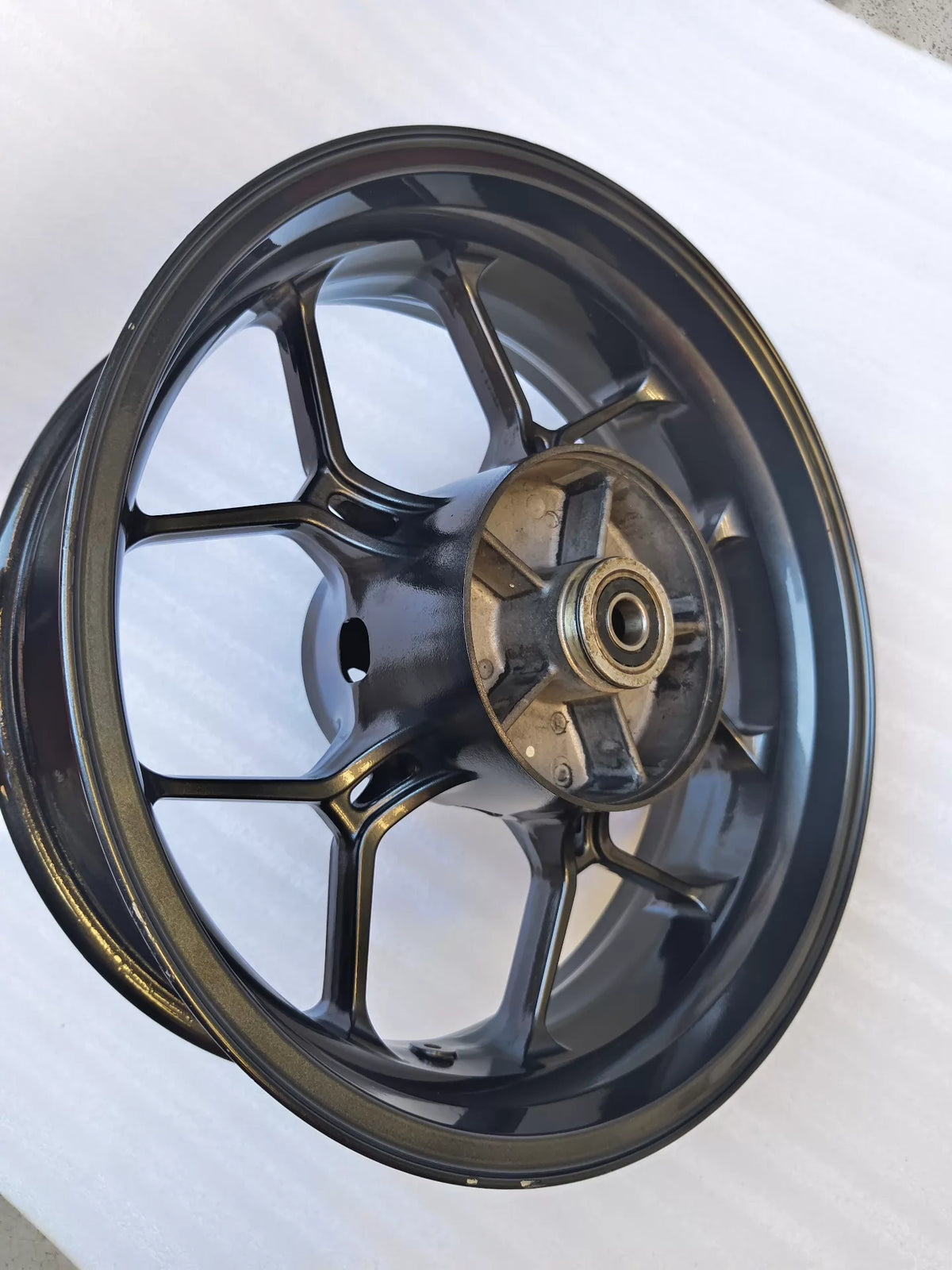 Honda CBR650R rear wheel, full view showing tire seat and rim edge