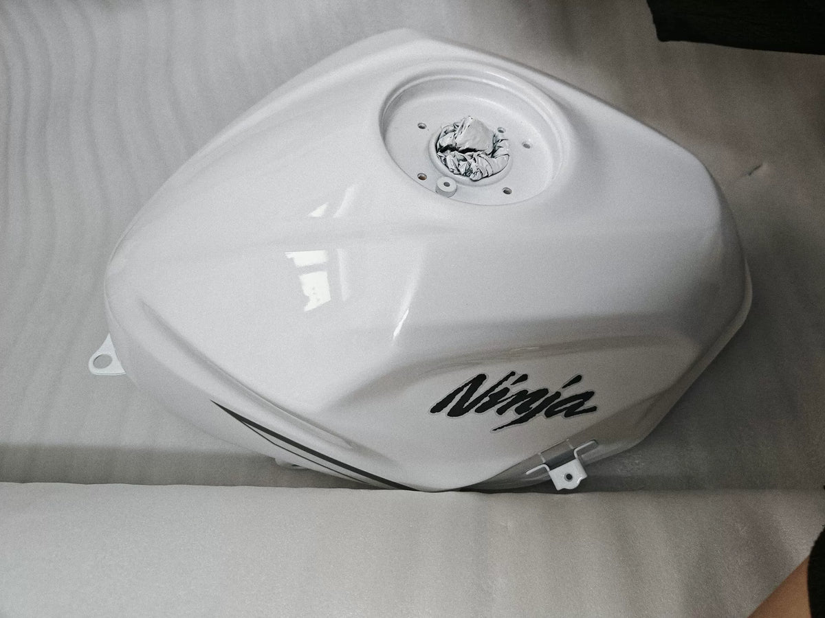Kawasaki Ninja 400 white fuel tank rear angle showing fuel cap opening and tank connections