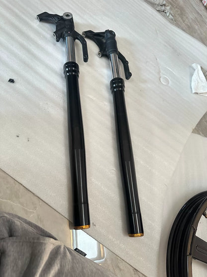 Right-hand fork damper assembly for Kawasaki ZX-4RR, angled view showing full chrome stanchion tube and internals