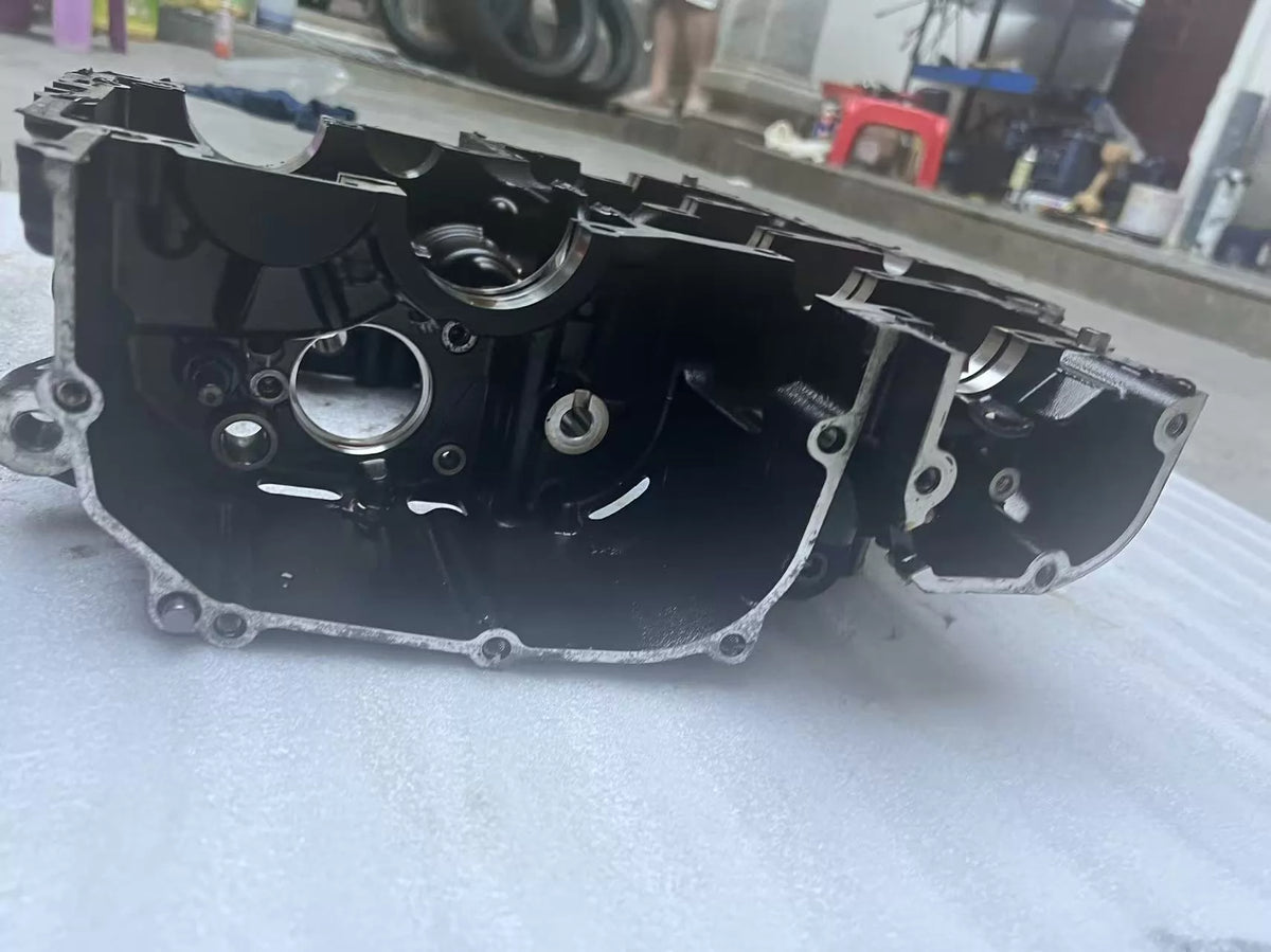 Lower crankcase Kawasaki Z900, angled view of transmission cavity and internal webbing structure, used