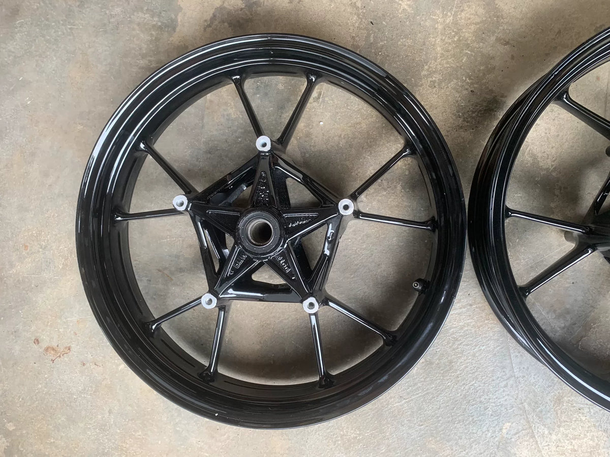 BMW S1000RR wheel set close-up of hub and axle area showing machined alloy detail