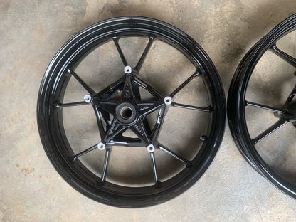 BMW S1000RR wheel set close-up of hub and axle area showing machined alloy detail