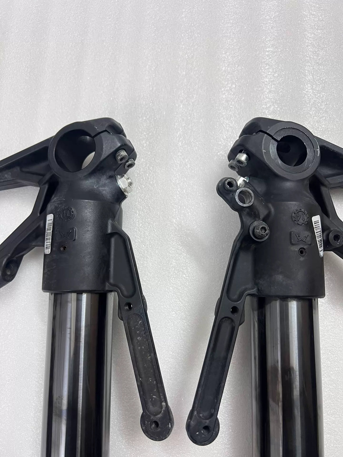 Ducati Diavel 1200 front fork side profile view, full assembly showing tube and slider proportions