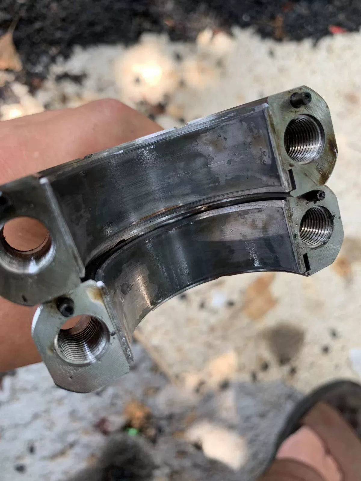 Ducati 1098 crankshaft set, close-up detail of main bearing journal surface and crank throw geometry