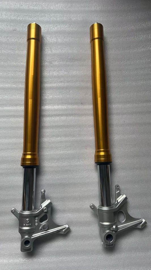 Aprilia RS 660 front fork assembly, full length view showing tubes and lower legs, used condition
