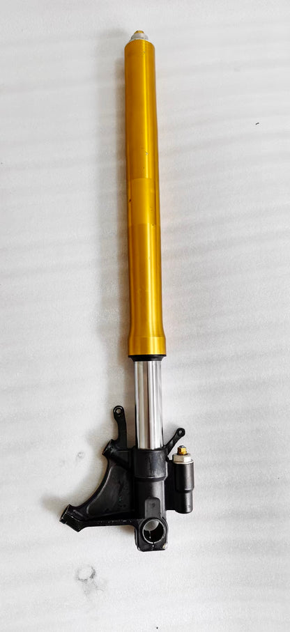 Single Yamaha YZF-R6 front fork tube, gold upper with black lower bracket and axle clamp, full length view