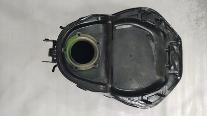 Underside of black Kawasaki ZX6R fuel tank showing fuel pump opening ring and mounting brackets