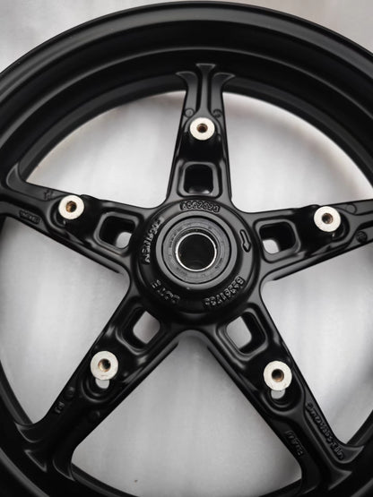 Close-up of black 5-spoke cast front rim hub with bearing and part number for BMW R NineT