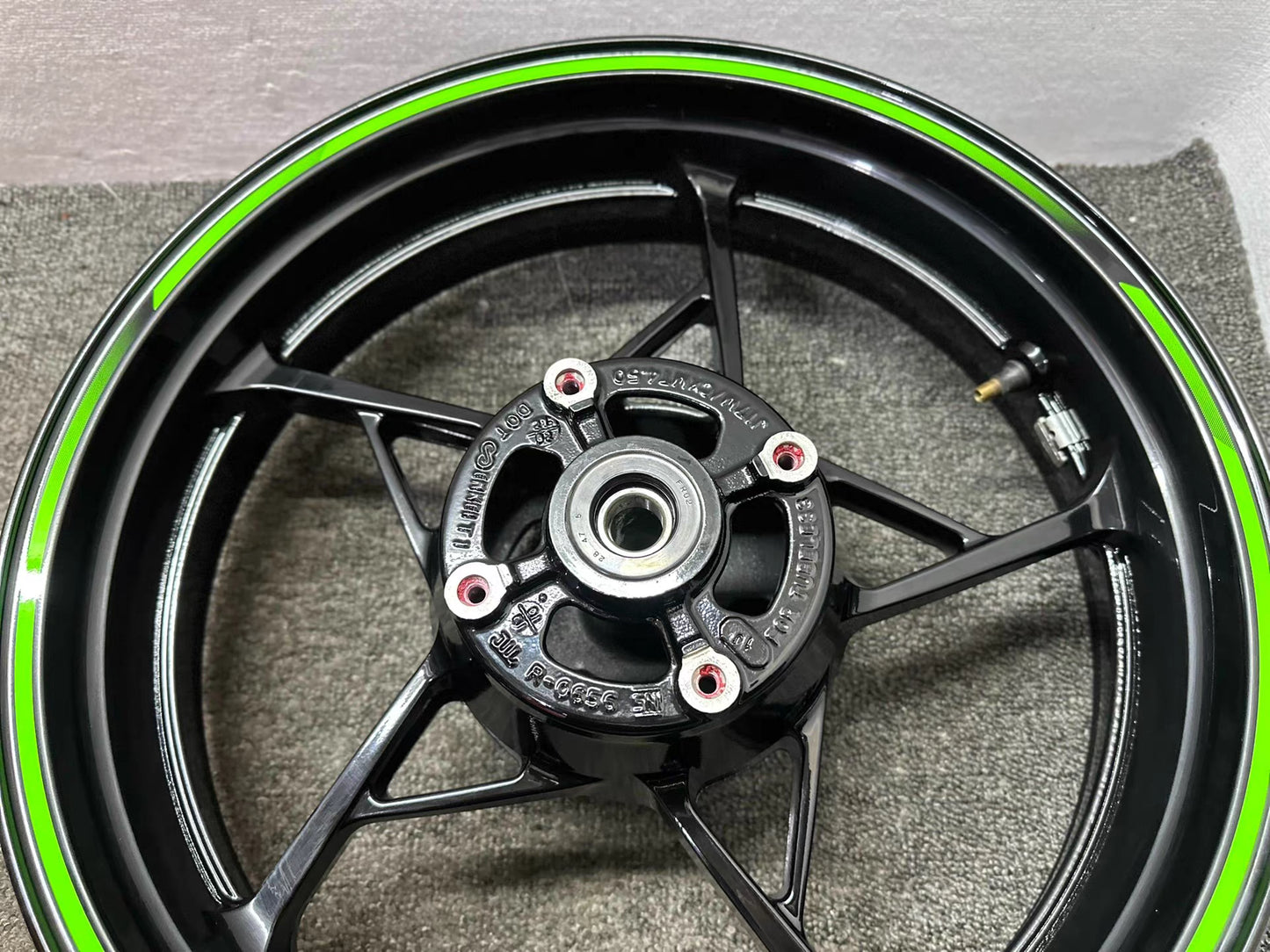 Kawasaki Z650 front rear wheel set repaint black green decals straight true
