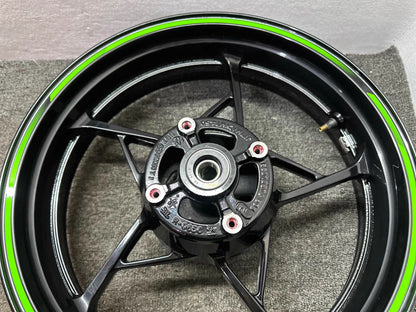 Kawasaki Z650 front rear wheel set repaint black green decals straight true
