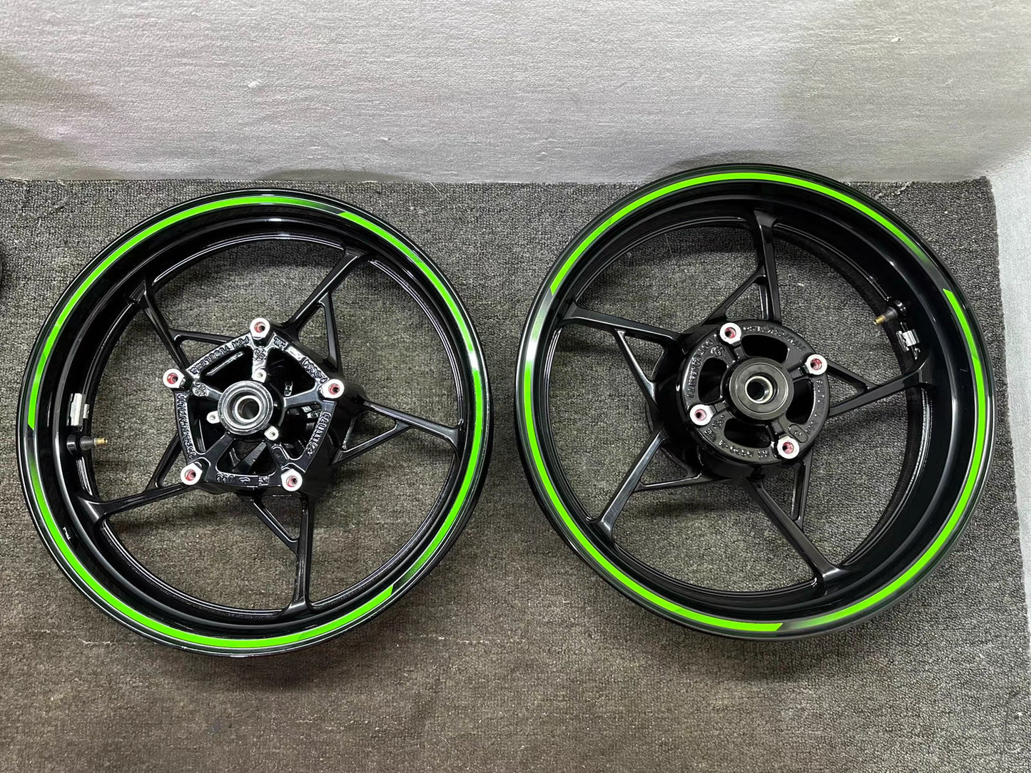 Kawasaki Ninja 650 Z650 2017-2024 front rear wheel set OEM repainted black green stripe
