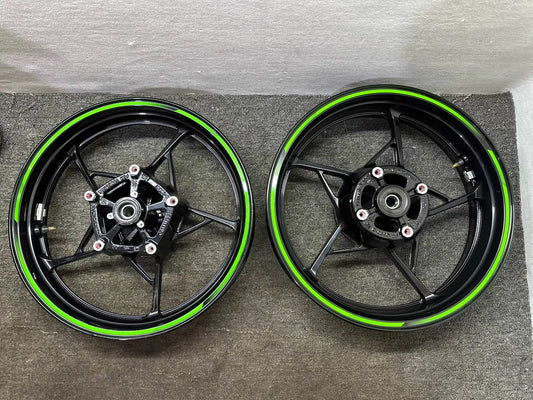 Kawasaki Ninja 650 Z650 2017-2024 front rear wheel set OEM repainted black green stripe
