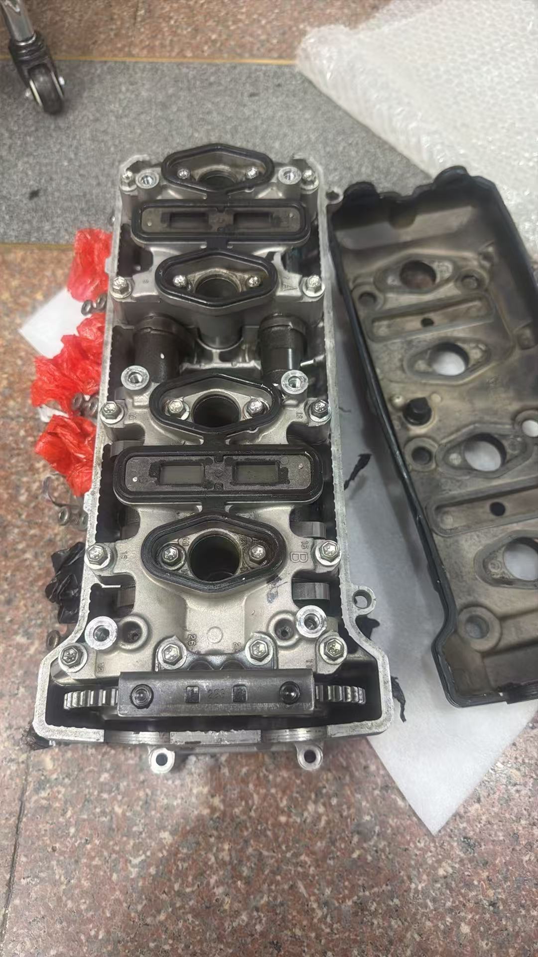Suzuki GSX-R600 cylinder head assembly top view with camshafts installed, OEM used condition