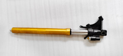 Side view of one YZF-R6 front fork, gold stanchion, chrome slider and black lower mount with adjuster