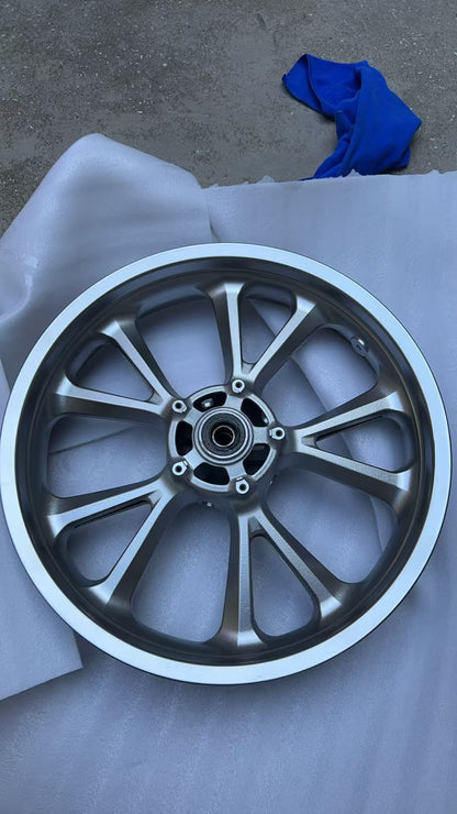 GL1800 front wheel rim angled view displaying full spoke layout and center hub for Gold Wing GL1800