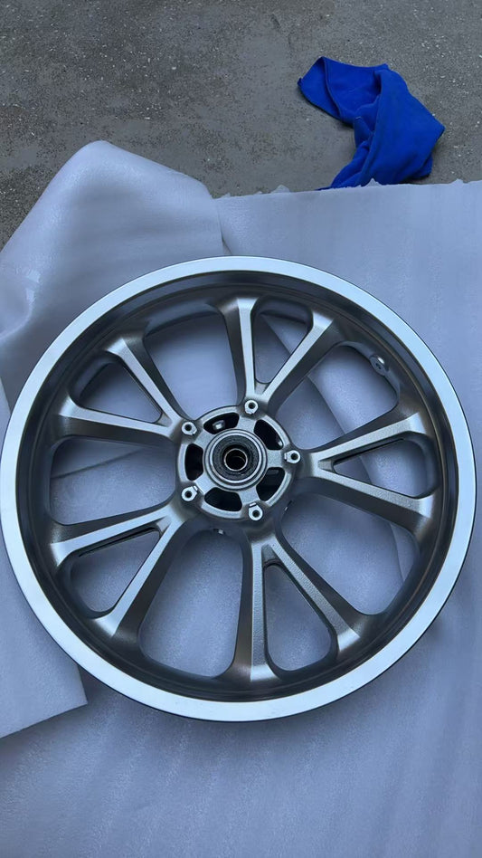 GL1800 front wheel rim angled view displaying full spoke layout and center hub for Gold Wing GL1800