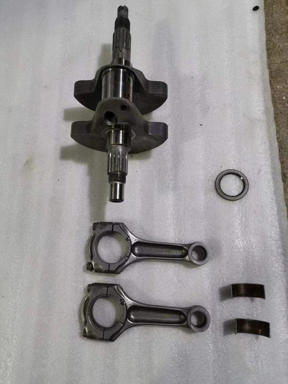 Ducati 848 crankshaft set full view, all components laid out including crank and conrods, clean used condition