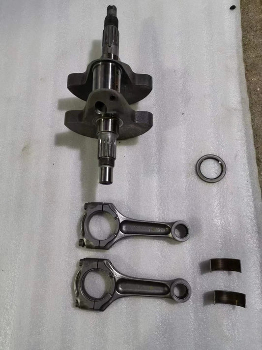 Ducati 848 crankshaft set full view, all components laid out including crank and conrods, clean used condition